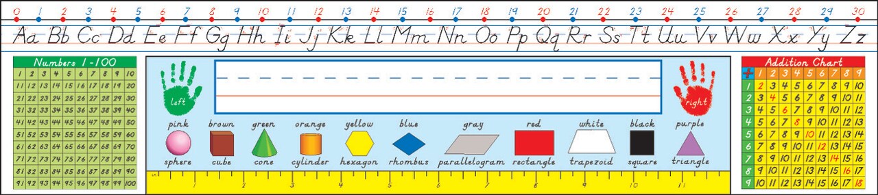 Carson Dellosa 36PC Modern Manuscript Name Plate for Desk, Nametags With Alphabet, Number Line, Ruler, Addition Chart, Colors and Shapes, and More Classroom Essentials